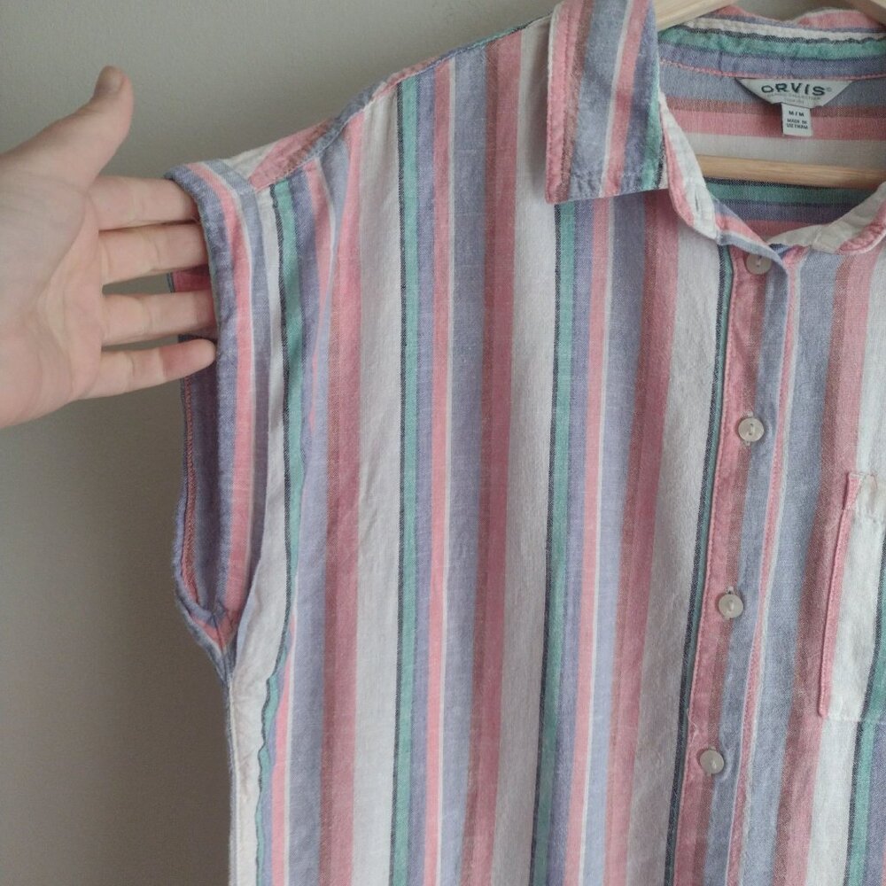 Orvis Womens Striped Button-Up Shirt M Pink Blue White Breathable Relaxed Top - Picture 4 of 9
